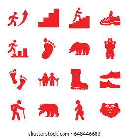 Walking icons set. set of 16 walking filled icons such as bear, foot print, man shoe, boot, man with case, stair, trainers, foot