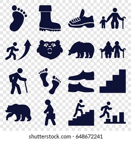 Walking icons set. set of 16 walking filled icons such as bear, foot print, man shoe, boot, man with case, stair, trainers, foot