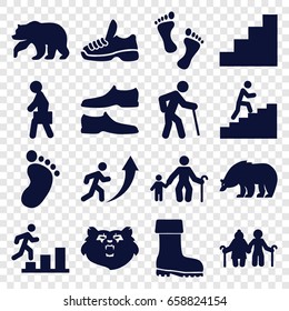 Walking icons set. set of 16 walking filled icons such as bear, foot print, man shoe, boot, man with case, stair, trainers, foot