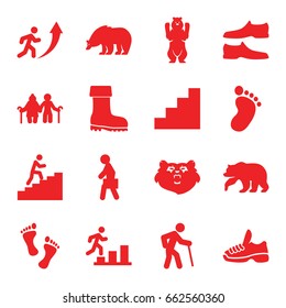 Walking icons set. set of 16 walking filled icons such as bear, foot print, man shoe, boot, man with case, stair, trainers, foot