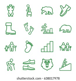 Walking icons set. set of 16 walking outline icons such as bear, foot print, man shoe, boot, man with case, stair, foot, trainers