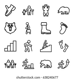 Walking icons set. set of 16 walking outline icons such as bear, foot print, boot, man with case, stair, man climbing stairs, foot, trainers