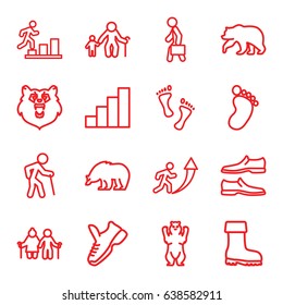 Walking icons set. set of 16 walking outline icons such as bear, foot print, man shoe, boot, man with case, stair, foot, trainers