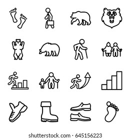 Walking icons set. set of 16 walking outline icons such as bear, foot print, man shoe, boot, man with case, stair, foot, trainers