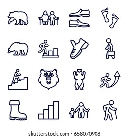 Walking icons set. set of 16 walking outline icons such as bear, man shoe, boot, man with case, stair, foot, trainers