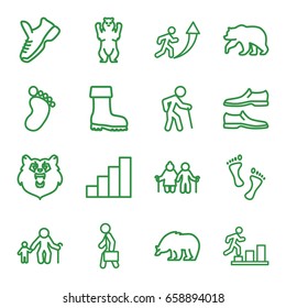 Walking icons set. set of 16 walking outline icons such as bear, foot print, man shoe, boot, man with case, stair, foot, trainers