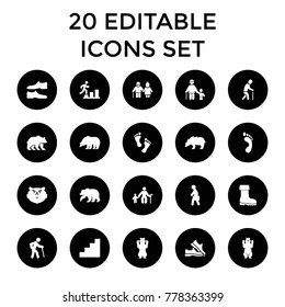 Walking icons. set of 20 editable filled walking icons such as bear, man shoe, old man, boot, stair, foot, foot print. best quality walking elements in trendy style.