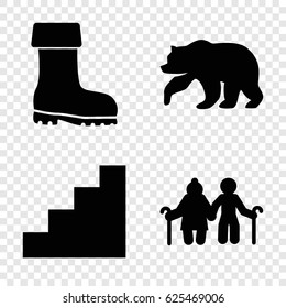 Walking icons set. set of 4 walking filled icons such as bear, boot, stair