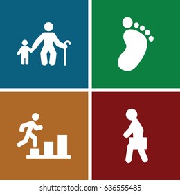 Walking icons set. set of 4 walking filled icons such as foot print, man with case, man going up