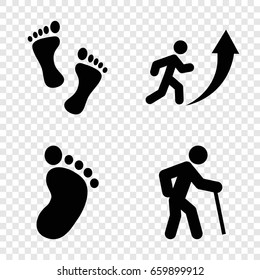 Walking icons set. set of 4 walking filled icons such as foot print, foot, man going up