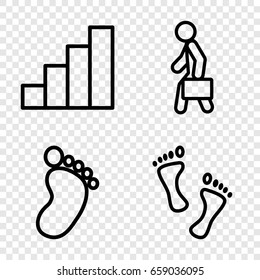 Walking icons set. set of 4 walking outline icons such as foot print, man with case, stair