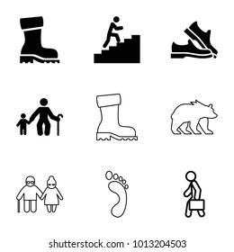 Walking icons. set of 9 editable filled and outline walking icons such as old man with child, man climbing stairs, bear, foot print, boot