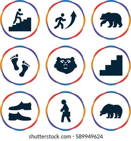 walking icons set. Set of 9 walking filled icons such as bear, man shoe, man with case, stair