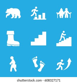 Walking icons set. set of 9 walking filled icons such as bear, boot, man with case, stair, man climbing stairs, foot, man going up