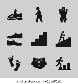 Walking icons set. set of 9 walking filled icons such as bear, man shoe, man with case, stair, trainers