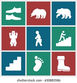 Walking icons set. set of 9 walking filled icons such as bear, foot print, man shoe, boot, man with case, stair
