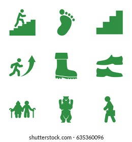Walking icons set. set of 9 walking filled icons such as bear, foot print, man shoe, boot, man with case, stair