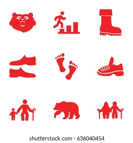 Walking icons set. set of 9 walking filled icons such as bear, man shoe, boot, trainers, foot, man going up, old man with child