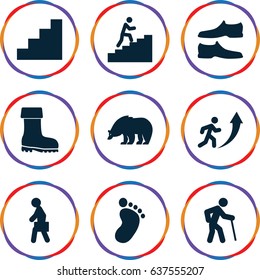 Walking icons set. set of 9 walking filled icons such as bear, foot print, man shoe, boot, man with case