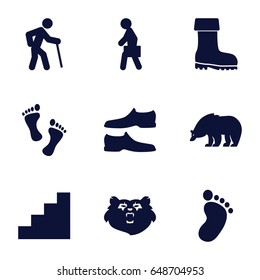 Walking icons set. set of 9 walking filled icons such as bear, foot print, man shoe, boot, man with case, stair, foot