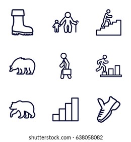 Walking icons set. set of 9 walking outline icons such as bear, boot, man with case, stair, man climbing stairs
