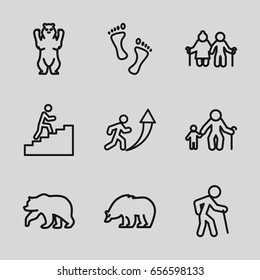 Walking icons set. set of 9 walking outline icons such as bear, man climbing stairs, foot, man going up