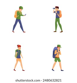 Walking icons set cartoon vector. Man and woman with backpack go hiking. Outdoor activity concept