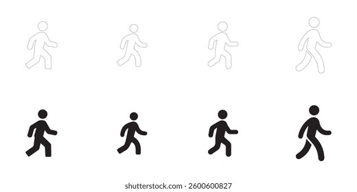 Walking icons set. Editable minimalist vector icons. Flat and Outline. Perfect for web and app interfaces, presentations, info graphics, etc. In black color on a white background
