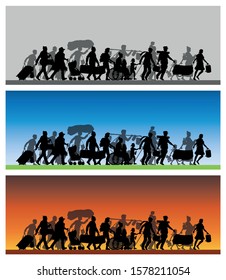 Walking immigrants silhouette with different backgrounds. The silhouette objects and backgrounds are in different layers. 