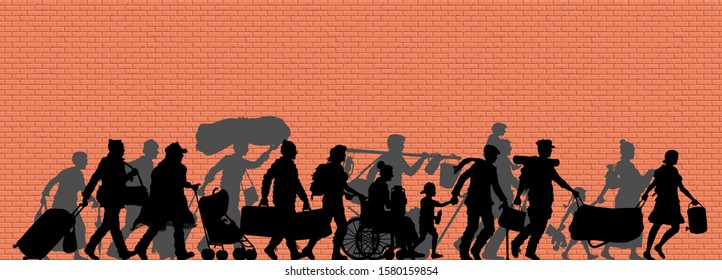 Walking immigrants silhouette in front of brick Wall. The silhouette objects and background are in different layers. 