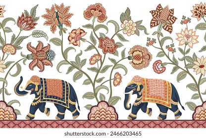 Walking Indian elephants floral seamless border. Chintz wallpaper.	