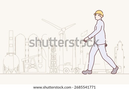 Walking industrial worker or engineer silhouette featuring energy generation and infrastructure icons. Project management, engineering and safety inspection.