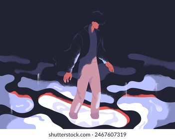 Walking into unknown. Man in mysterious fantasy, dream. Psychology concept. Person exploring strange dreamy mystery, light in darkness. Spiritual psychological surreal flat vector illustration