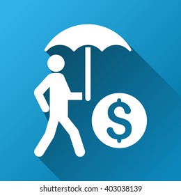 Walking Investor With Umbrella vector toolbar icon for software design. Style is a white symbol on a square blue background with gradient long shadow.