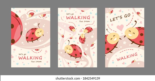 Walking invitation cards set. Friendly cute cartoon ladybirds vector illustrations with lets go walking text, time and day. Template for flyers or greeting cards