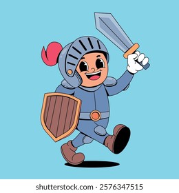 Walking knight retro cartoon mascot