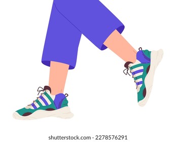 Walking legs in sneakers vector illustration. Flat female legs wearing fitness training shoes, casual female footwear. Stylish sneakers flat vector background