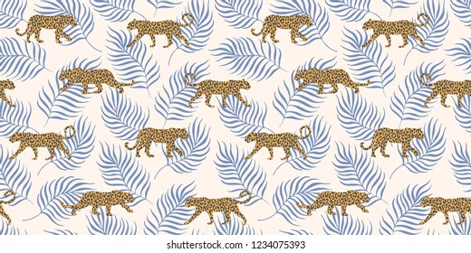 Walking leopards & hand drawn leaves, endless vector repeat pattern. Simple clean style with textured silhouettes.