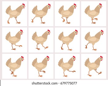 Walking light brown hen sprite sheet isolated on white background. Vector illustration. Can be used for GIF animation 