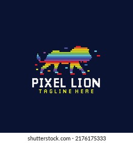 walking lion logo illustration with bright colorful in pixels art style