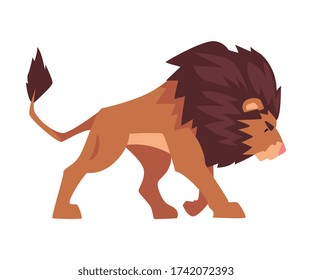 Walking Lion, Proud Powerful Mammal Jungle Animal, Side View Vector Illustration