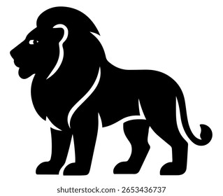 Ícone de silhueta de leão caminhando, ilustração de ícone de vetor leão preto e branco em fundo branco