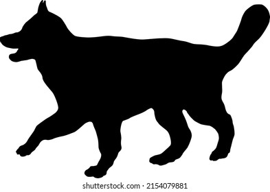 Walking Long-haired German Shepherd Puppy. Alsatian Wolf Dog. Black Dog Silhouette. Pet Animals. Isolated On A White Background. Vector Illustration.