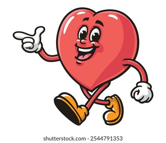 Walking Love Heart, with pointing finger,   Cartoon Mascot Illustration Character Vector Clip-art Hand-drawn Logo Design