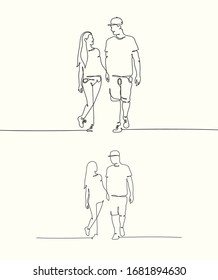 Walking lovers. People holding hands. Continuous line. Linear set