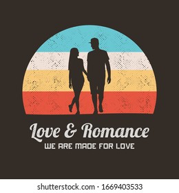 Walking lovers. Silhouette of couple holding hands. Retro background