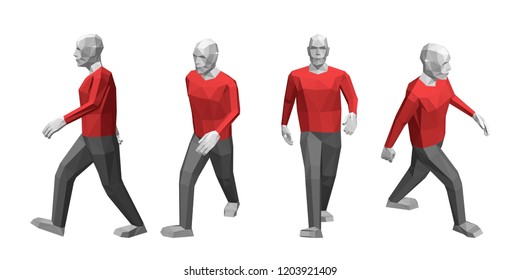 Walking low poly man. Isolated on white background. 3d vector illustration. Different viewes.