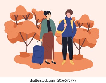 Walking with luggage. Guy and girl travel in fall. Couple goes to train station. Family moves to new place, vacation, park, tourist. Cartoon flat vector illustration isolated on pink background