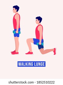 Walking Lunge Exercise, Men Workout Fitness, Aerobic And Exercises. Vector Illustration.