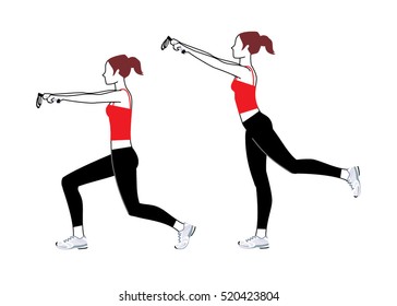 Walking lunge exercise. Woman doing lunge with sticks in her hangs. Vector illustration